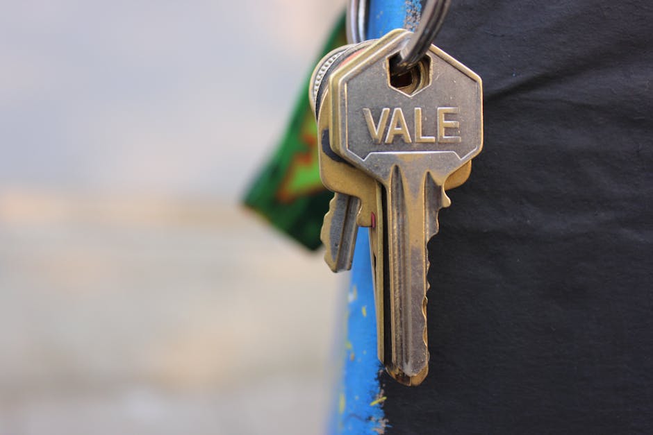 Close-up of a set of brass house keys attached to a keyring, with the word 'VALE' engraved on the main key, held by a person wearing a dark jacket. The background features a blurred outdoor urban setting, possibly near a property entrance or vehicle loading area, consistent with house removals and furniture transport activities. The keys symbolize home relocation processes, aligning with moving services offered by Man with Van Maida Vale, situated on the street with attention to parking regulations in Westminster. This detailed image captures the initial stage of packing and moving logistics, emphasizing the importance of secure key management during house removals and property access. The lighting is natural, highlighting the metallic surface of the keys and the contrasting textures of the person's clothing.